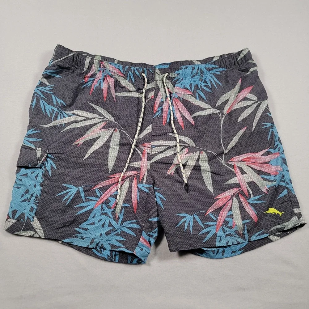 Tommy Bahama Relax Swim Trunks Mens XL Gray Bamboo Tropical Print Board Shorts